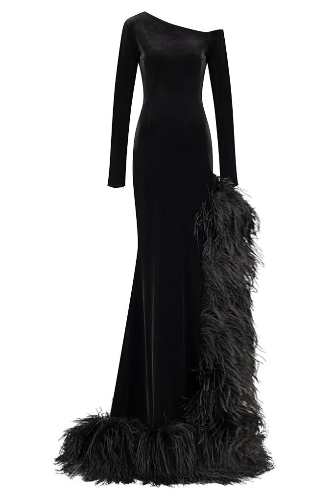 One shoulder long velvet dress decorated with ostrich feathers Maison AngelAnn Trading LLC One shoulder long velvet dress decorated with ostrich feathers Maison AngelAnn Trading LLC