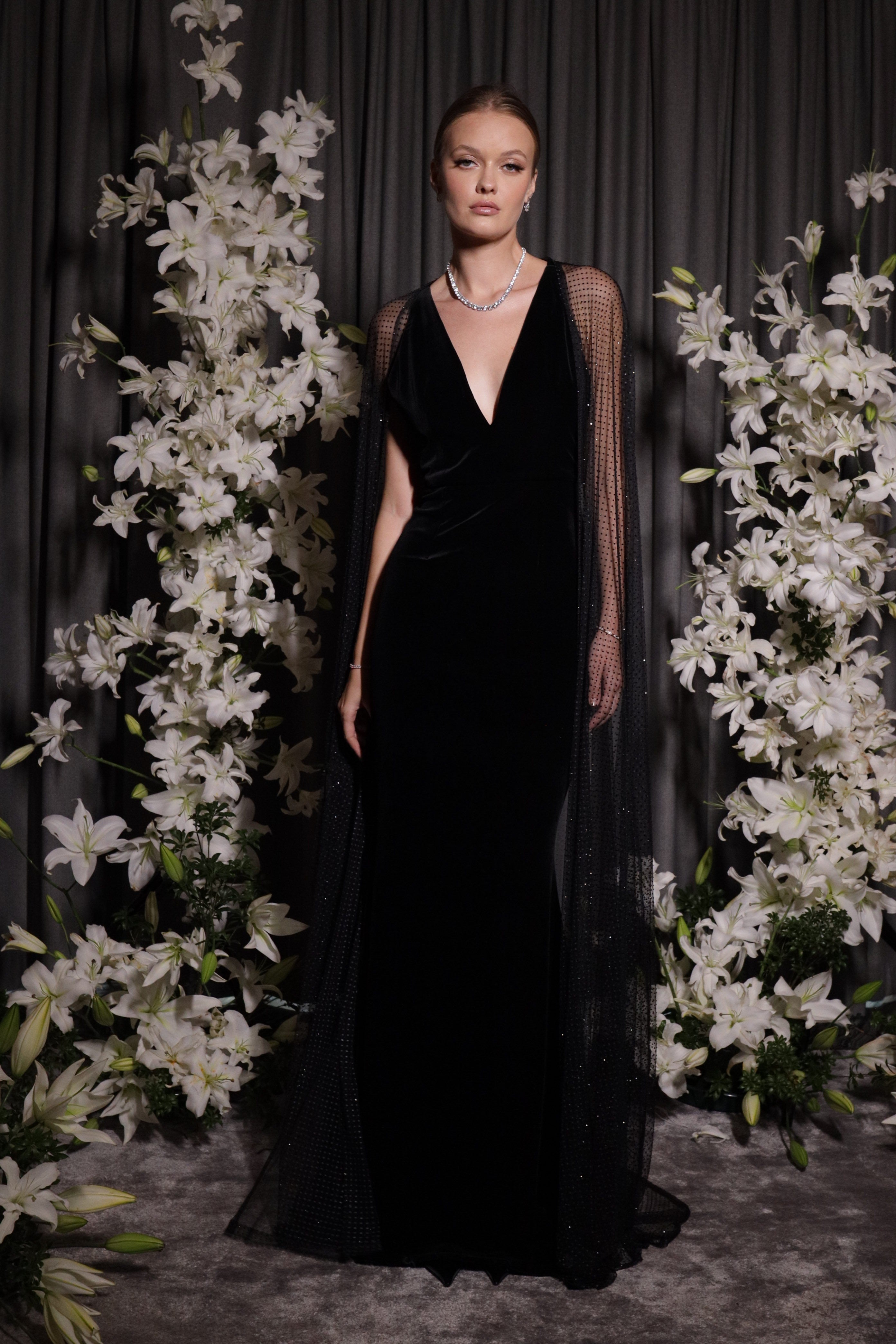 Velvet dress and flowing cape with sparkling crystals Maison d’Angelann