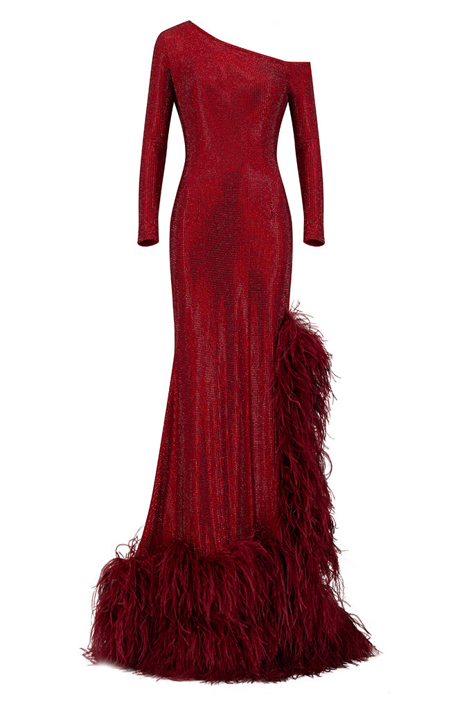 Silhouette long dress with crystals and ostrich feather