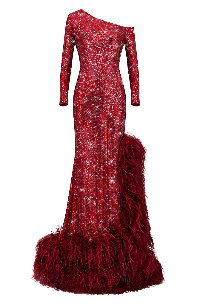 Silhouette long dress with crystals and ostrich feather