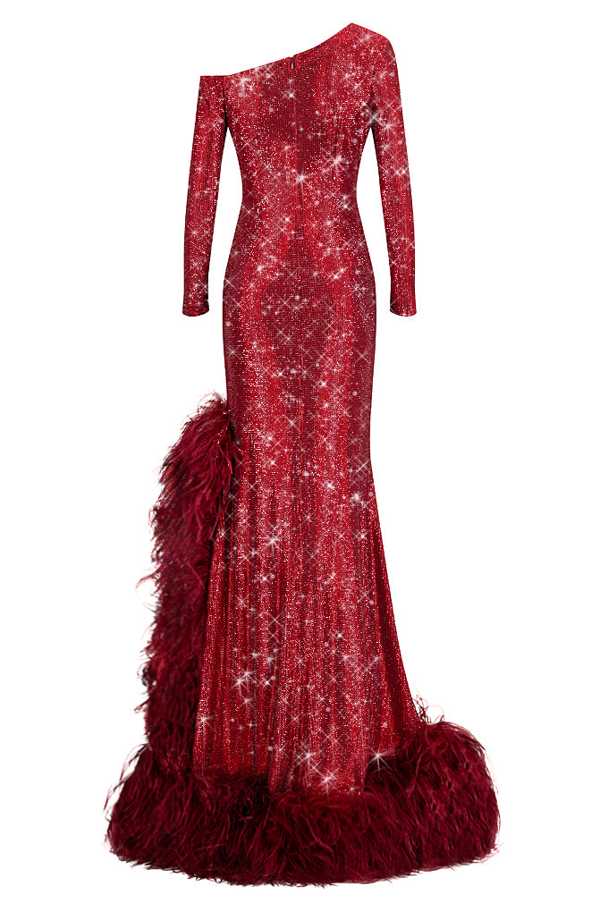 Silhouette long dress with crystals and ostrich feather