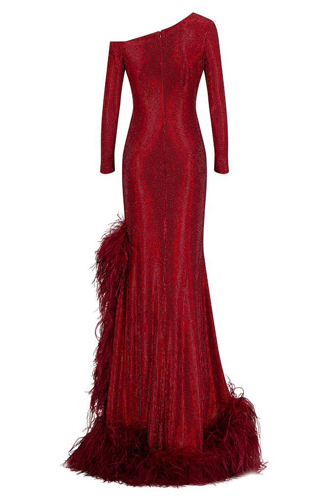 Silhouette long dress with crystals and ostrich feather