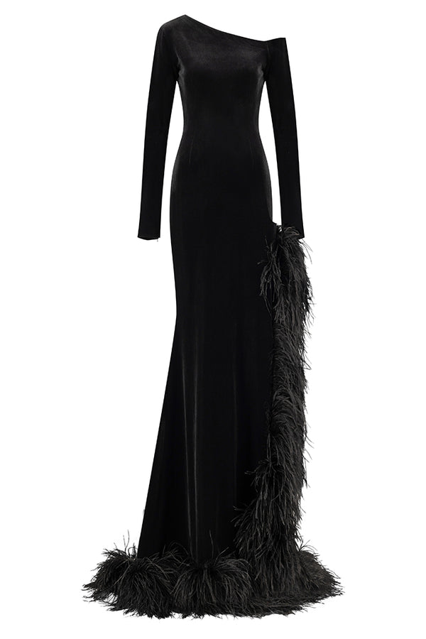 One shoulder long velvet dress decorated with ostrich feathers