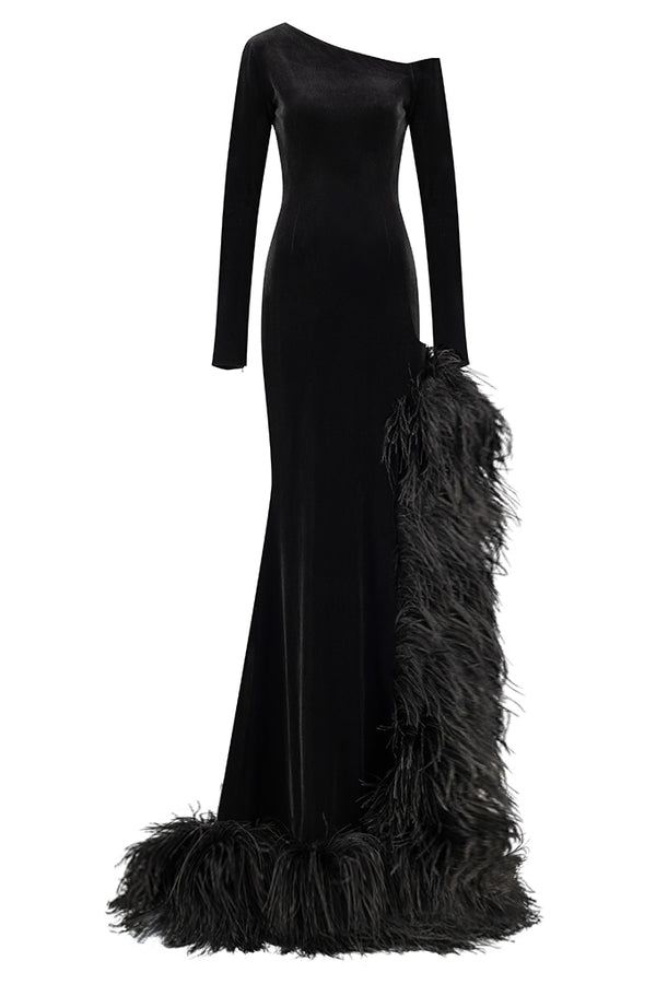 One shoulder long velvet dress decorated with ostrich feathers