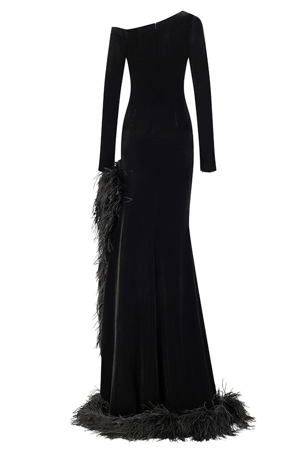 One shoulder long velvet dress decorated with ostrich feathers