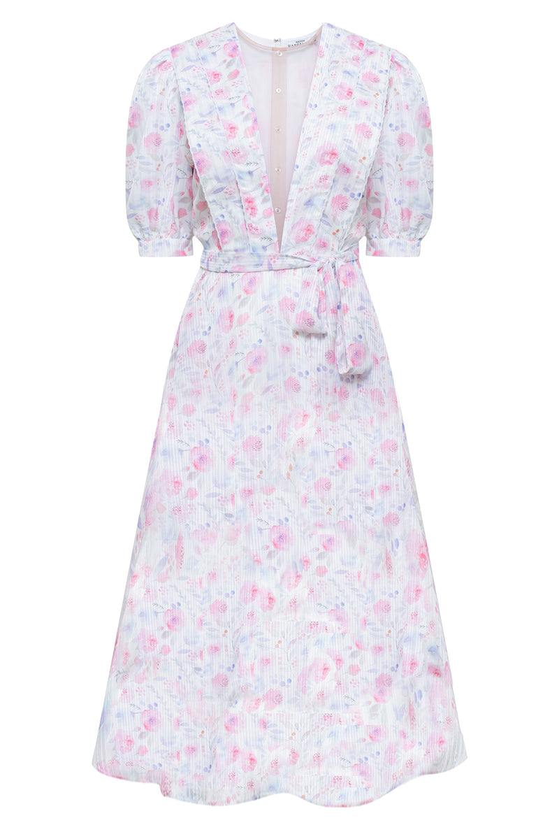 CHIFFON V NECK MIDI DRESS