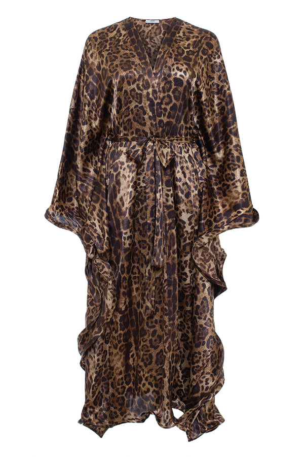Long wrap caftan with V-neck and belt