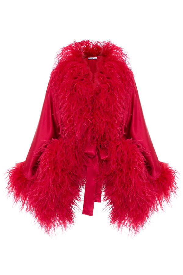 Short kaftan with natural ostrich feathers