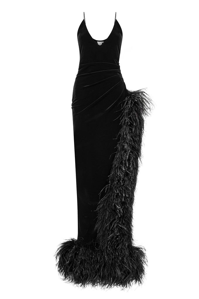 Velvet dress with ostrich feathers