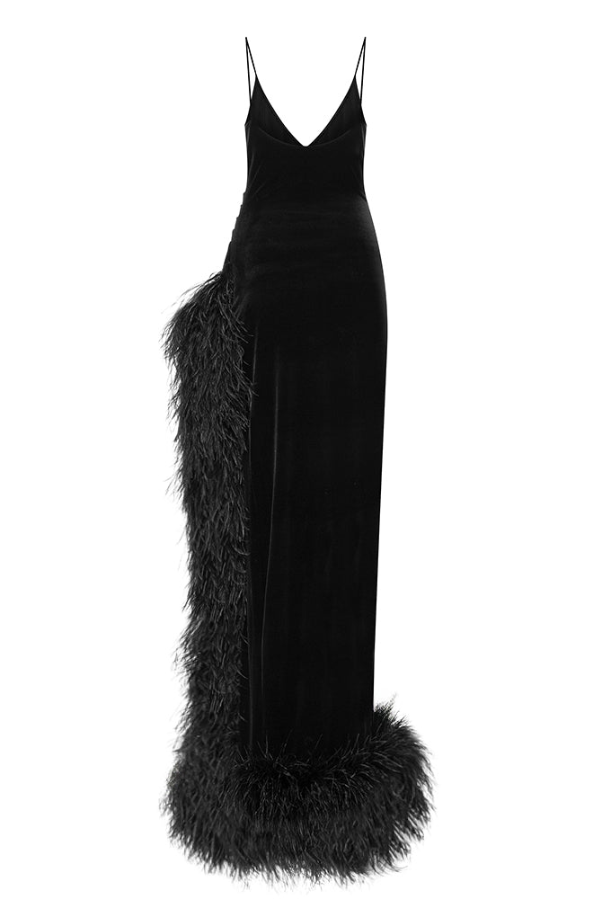 Velvet dress with ostrich feathers