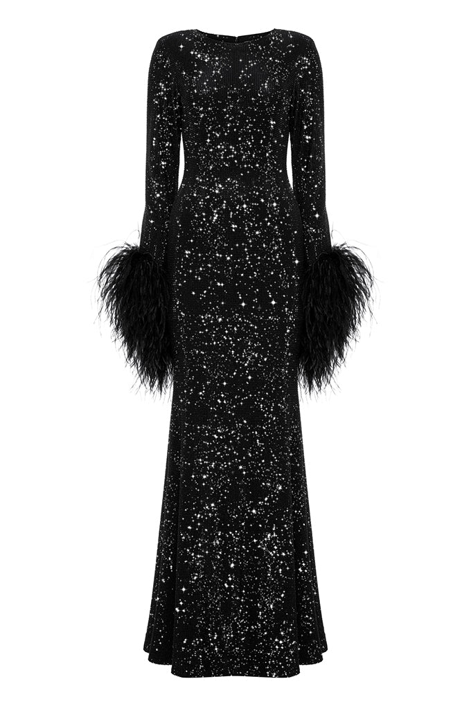 LONG CRYSTAL DRESS WITH FEATHER SLEEVES