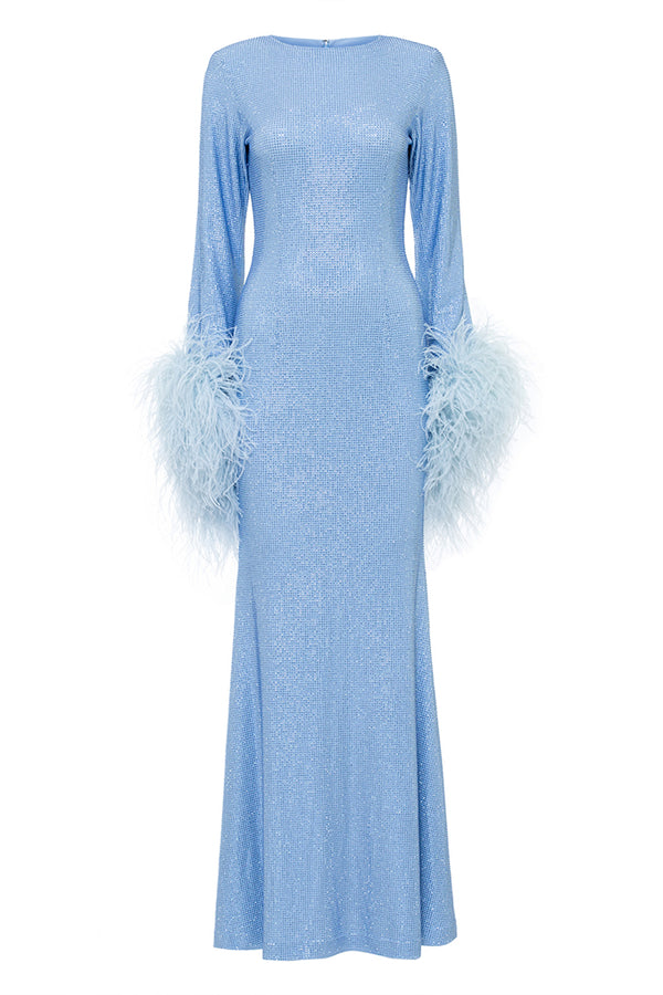 Long dress decorated with crystals and ostrich feathers