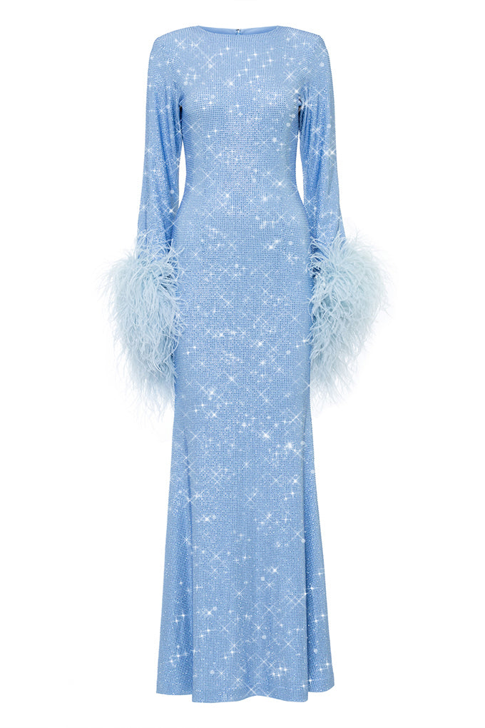 LONG CRYSTAL DRESS WITH FEATHER SLEEVES