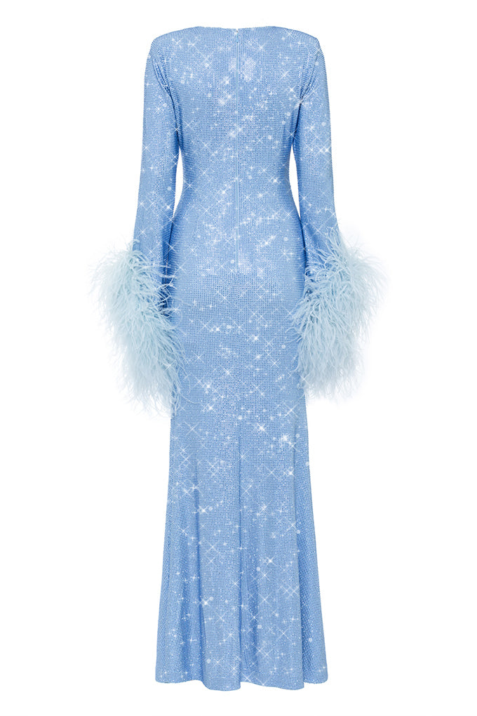 LONG CRYSTAL DRESS WITH FEATHER SLEEVES