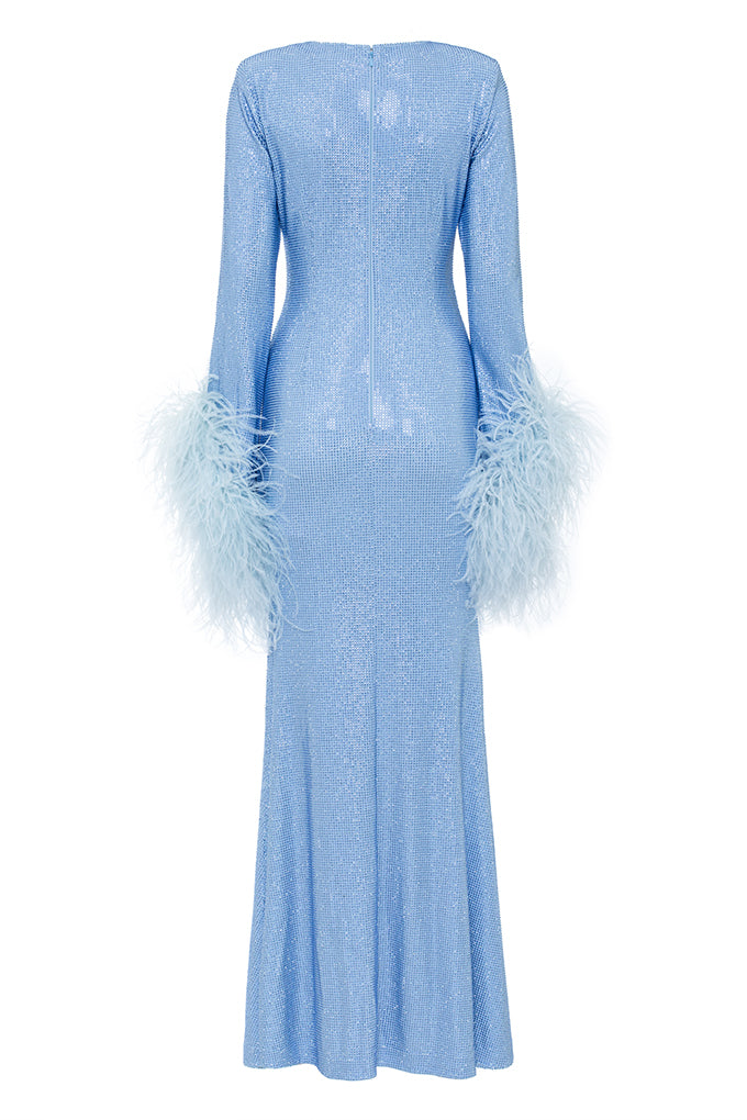 LONG CRYSTAL DRESS WITH FEATHER SLEEVES