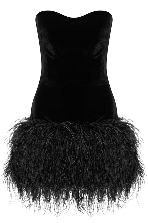 Corset dress decorated with ostrich feathers