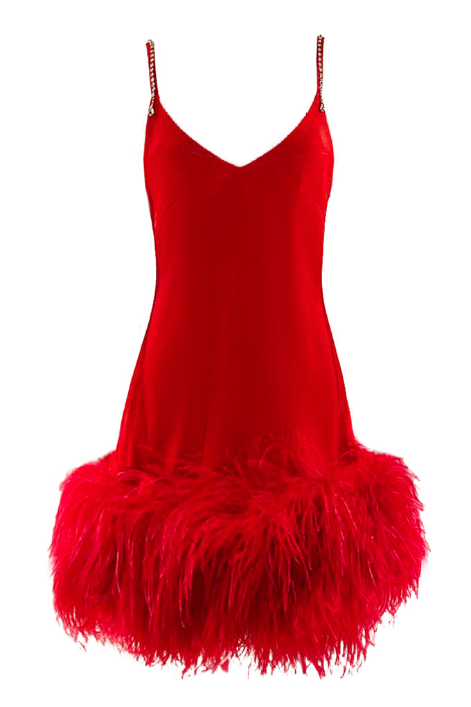 Satin dress with ostrich feathers