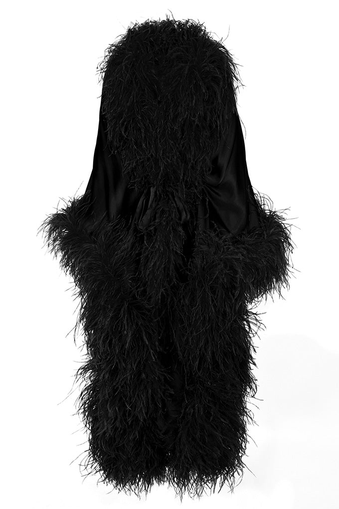 Long kaftan with natural ostrich feathers