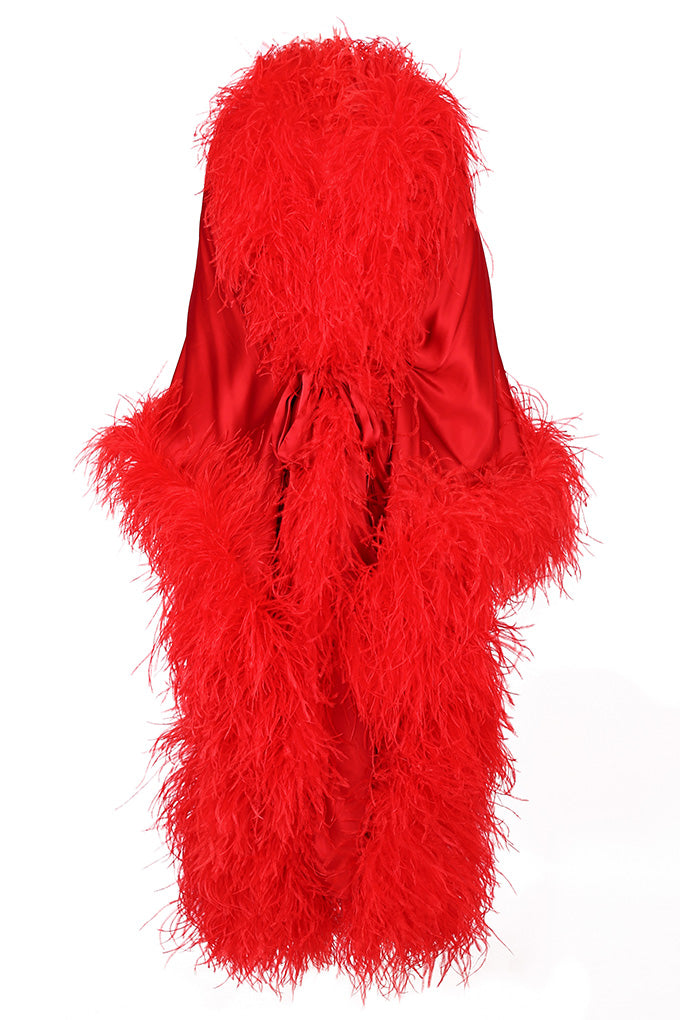 Long kaftan with natural ostrich feathers