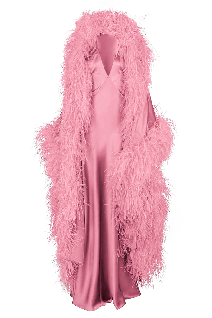 Long kaftan with natural ostrich feathers