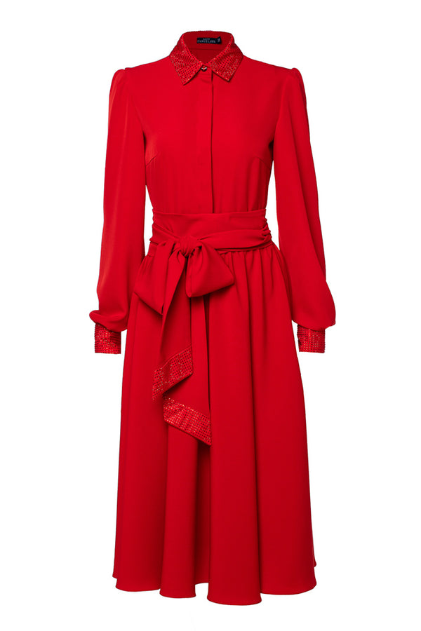 Midi dress with classic collar and crystals