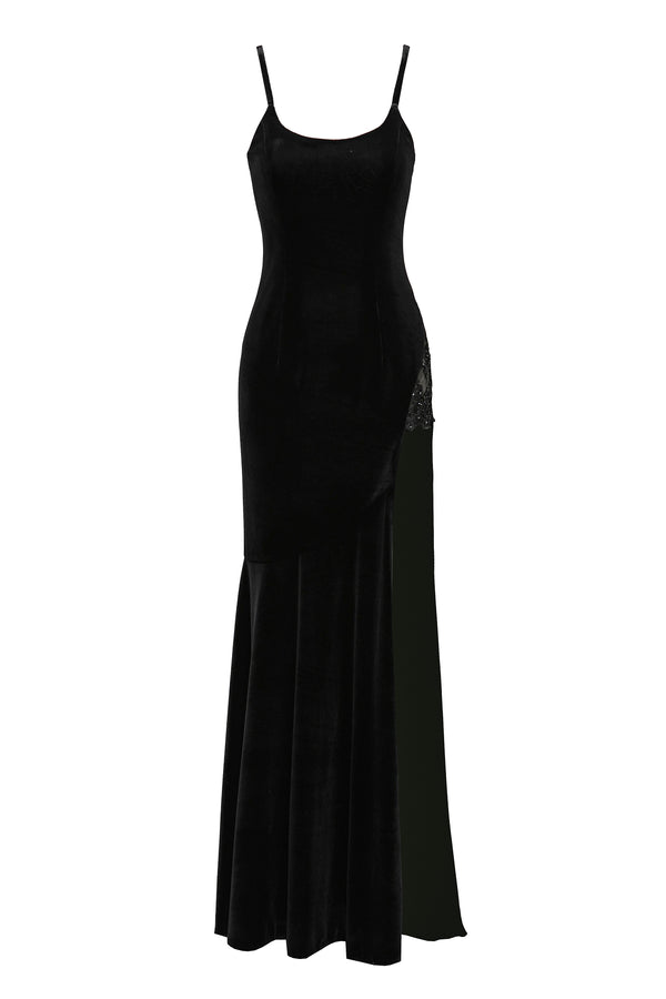 Velvet dress with a slit decorated with beads