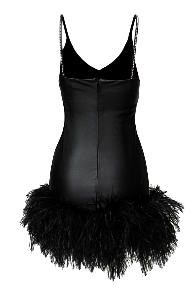 Leather dress with feathers decorated with crystals on straps