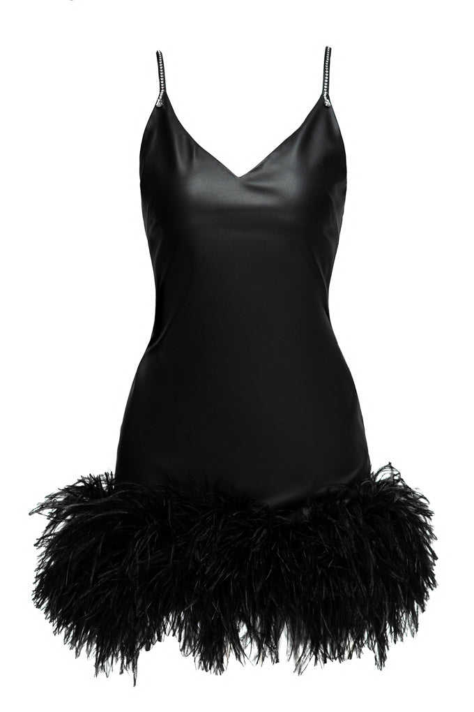 Leather dress with feathers decorated with crystals on straps
